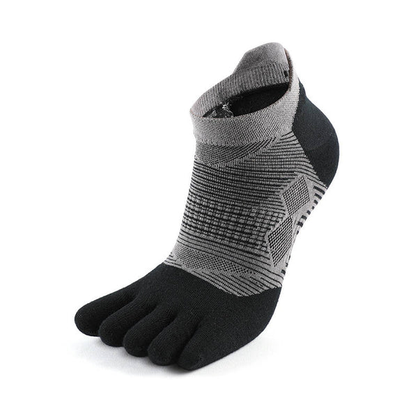 Gray and black toe socks for running with breathable mesh design and ergonomic five-toe fit.