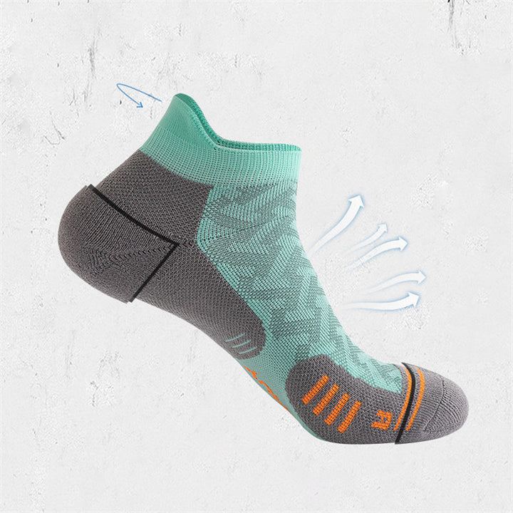 Green and gray running socks with cushioned footbed for added support and breathability during athletic activities.
