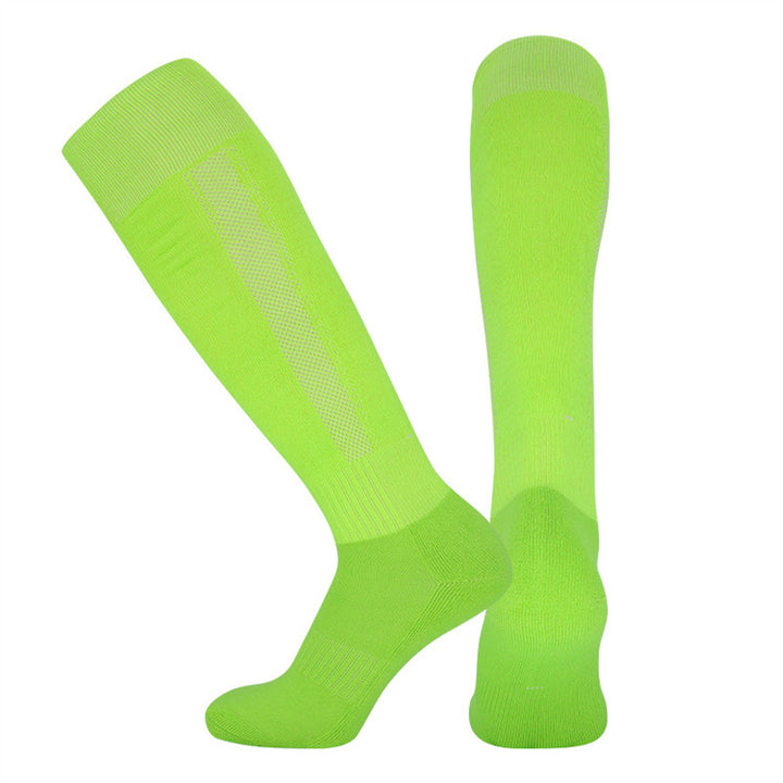 Neon green padded soccer socks with reinforced foot zones and high visibility for outdoor matches.