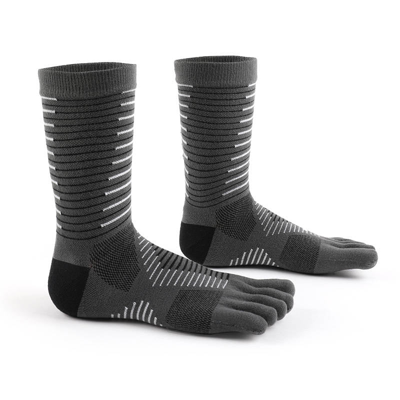 Black and gray anti blister toe socks featuring a compression fit for all-day support and reduced irritation.