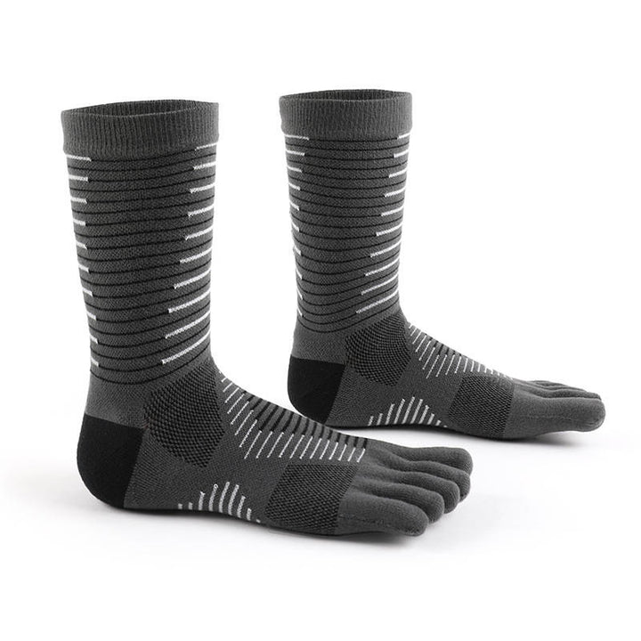 Black and gray anti blister toe socks featuring a compression fit for all-day support and reduced irritation.