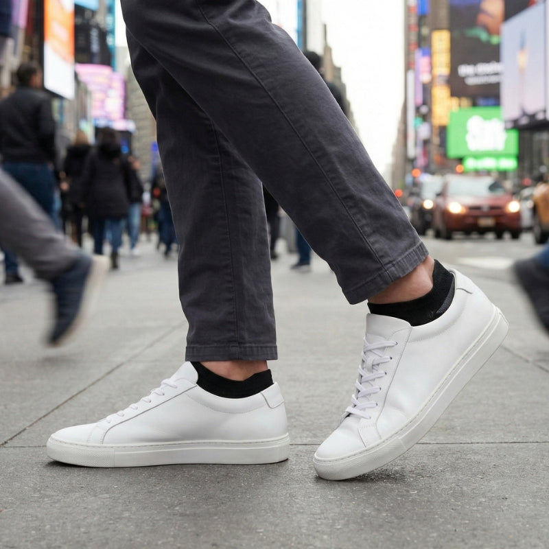 hywell merino wool socks no-show style worn with low-cut sneakers during a warm day of everyday movement