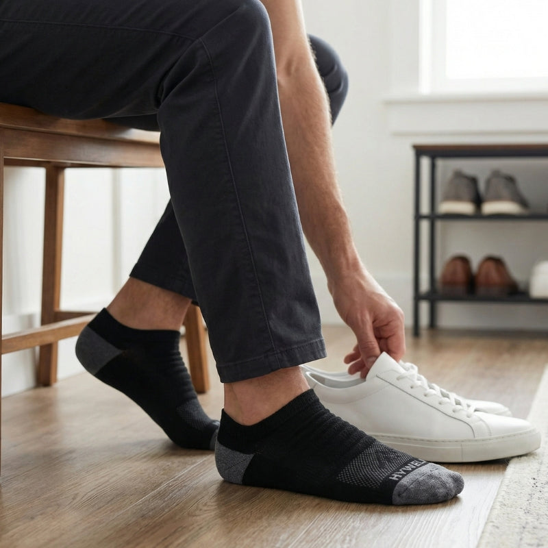 hywell merino wool socks no-show style visible before putting on low-cut sneakers in an everyday morning routine