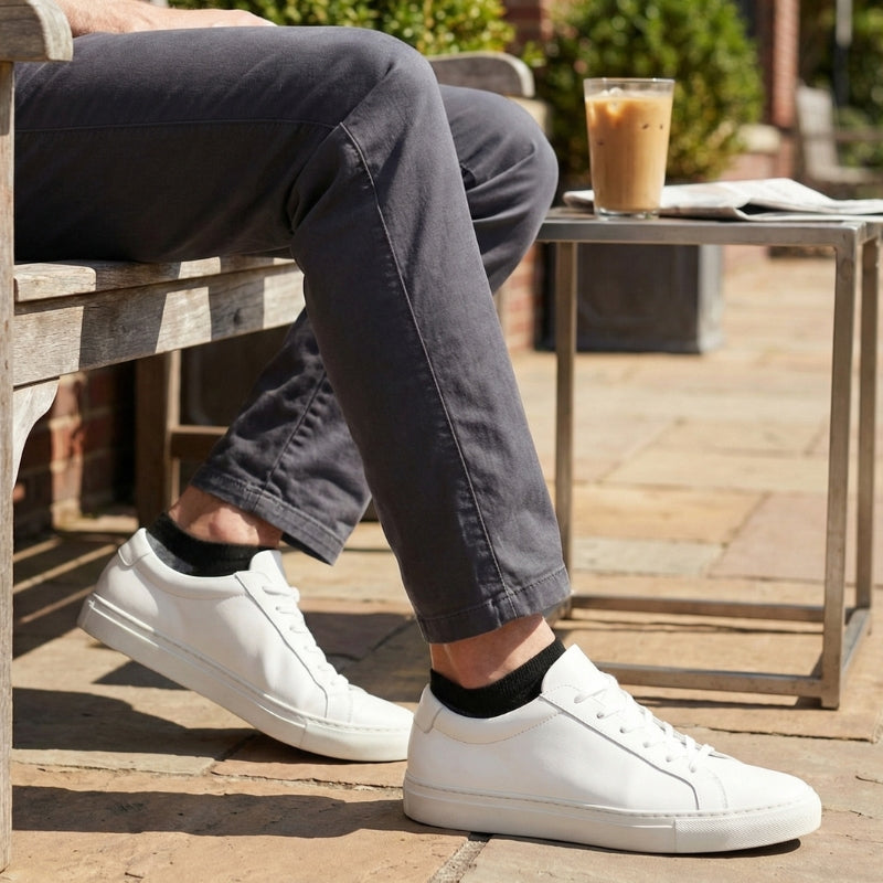 hywell merino wool socks no-show style worn with low-cut sneakers during a warm day of everyday movement