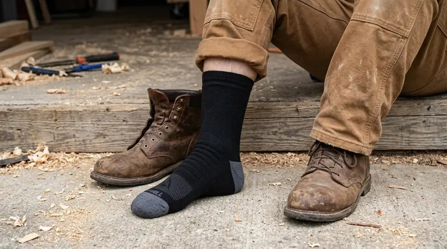 Work scene with an illustration of wool absorbing moisture next to the skin