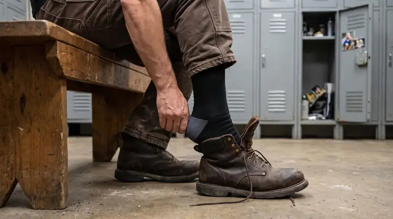 Worker removing a work boot to reveal a black and gray crew sock
