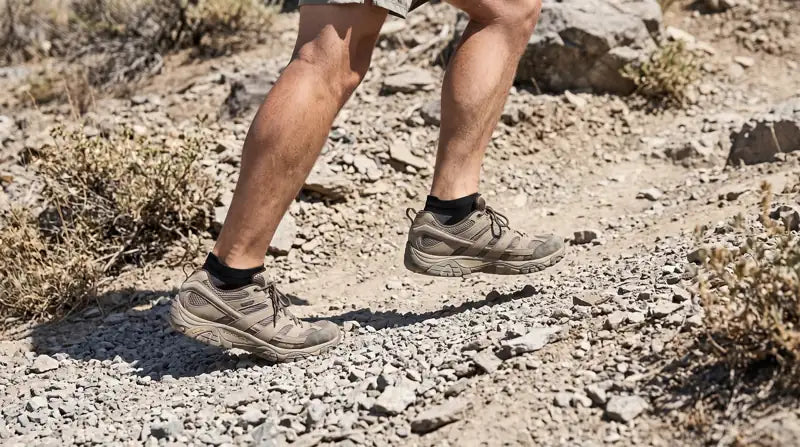 Illustration of moisture and heat moving out of a sock during a hike