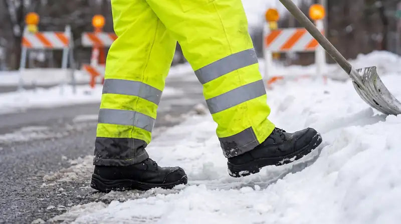 Illustration of warmth retained by wool socks inside work boots in the snow