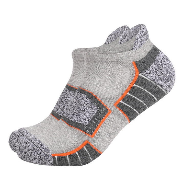 Light gray ankle socks with dark gray and orange accents.