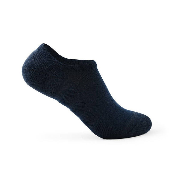 Navy blue cushioned no-show socks offering comfort and support.