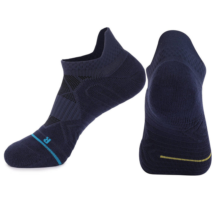 Navy blue running ankle socks with compression support and breathable design for optimal performance.