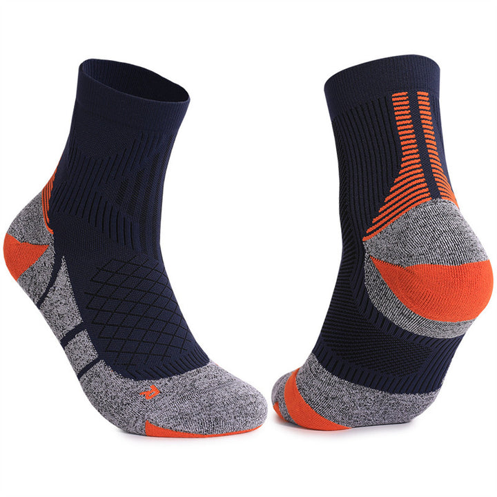 Navy blue cushioned tennis socks with extra padding and breathable design, offering comfort, stability, and performance on the court.