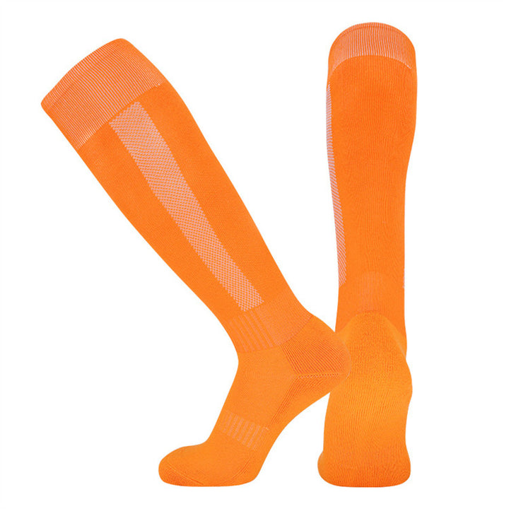 Orange padded soccer socks with breathable knit and extra cushioning, built for long training sessions.