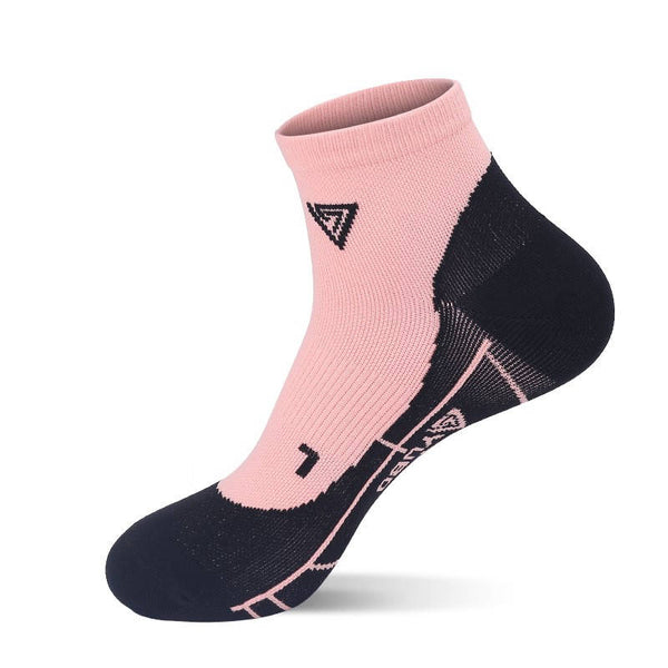Pink and black fitness socks with quarter length design and arch support for training and performance.