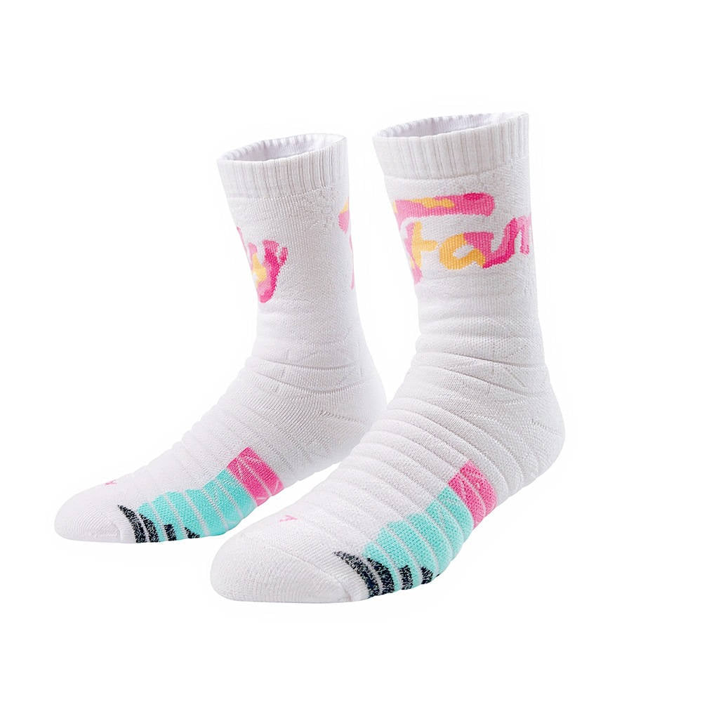 Cream padded socks with pink and gray accents, providing soft cushioning and a playful design.