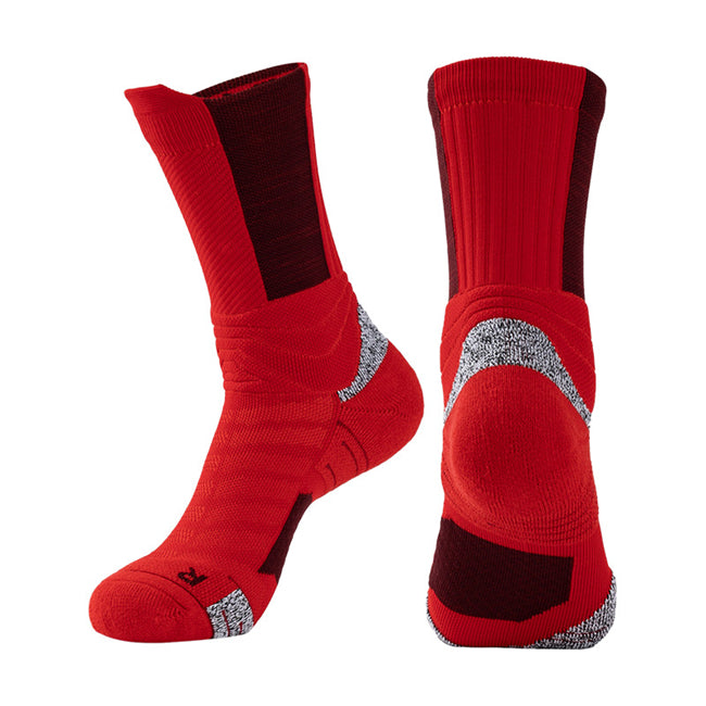 Red cushioned basketball socks for shock absorption and support during sprints.
