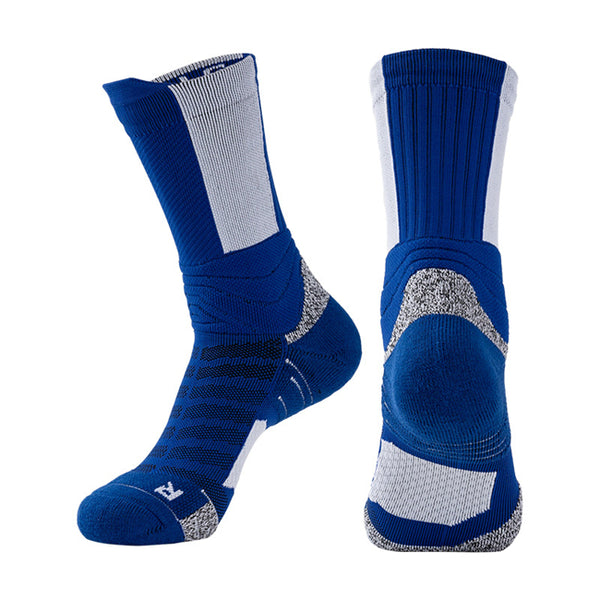 Cushioned basketball socks in blue with supportive fit for intense court performance.