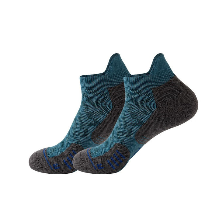 Deep blue running socks with cushioned support and breathable design, ideal for comfort and stability during intense workouts and long runs.