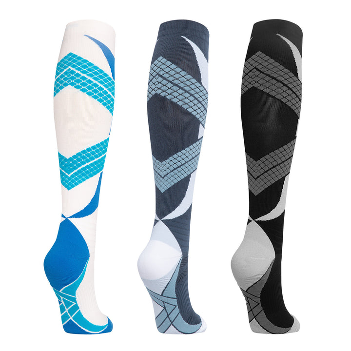 Three pairs of cushioned running socks in assorted colors—gray-blue, black-gray, and blue-white—offering breathability and performance support.