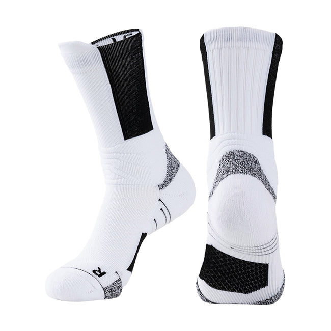 White cushioned basketball socks with enhanced arch support for long-lasting comfort.