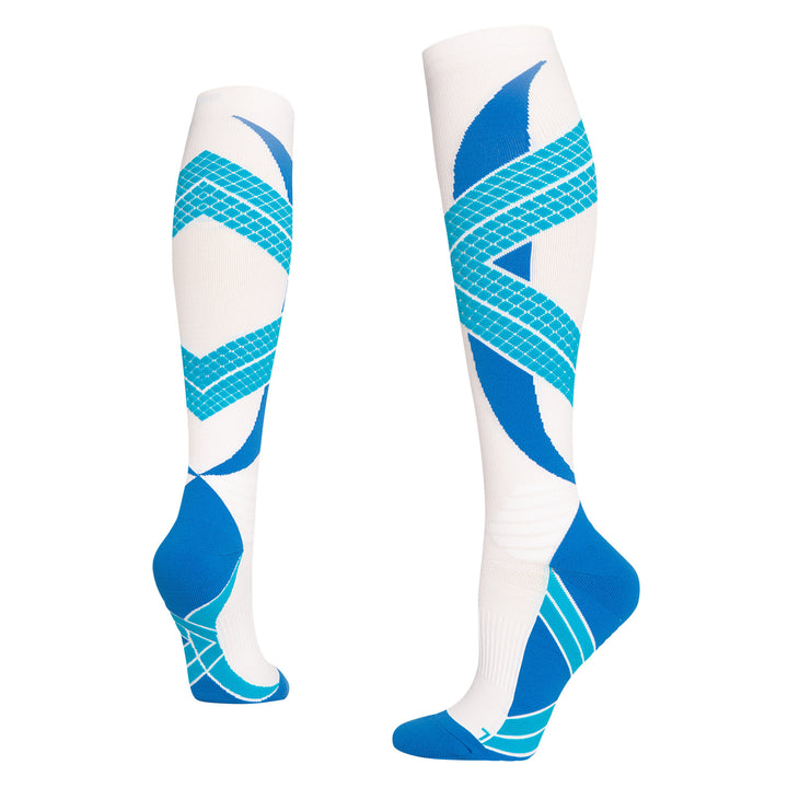 Blue and white cushioned running socks with arch support and breathable knit for enhanced comfort and endurance.