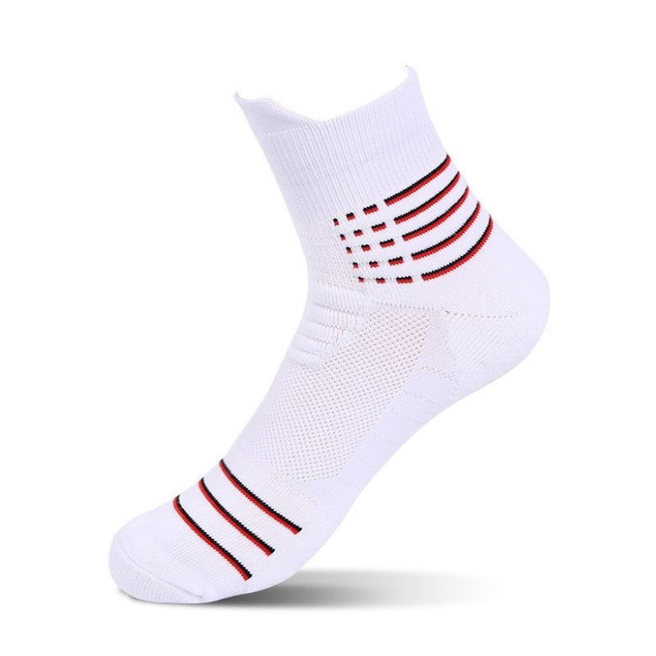 White fitness socks with red detailing and reinforced heel, providing all-day comfort for athletic training.