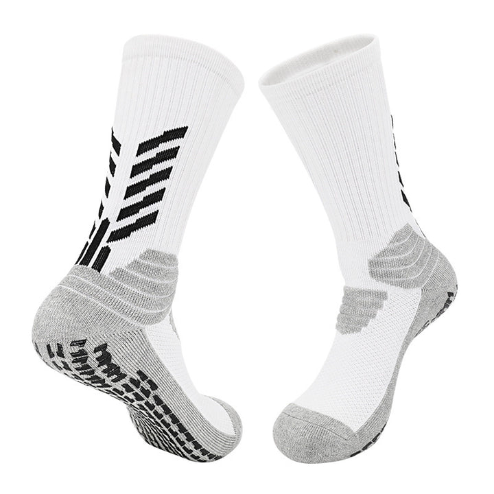 A pair of white basketball socks with gray details, designed for high performance with features like targeted cushioning, arch support, and effective moisture-wicking.