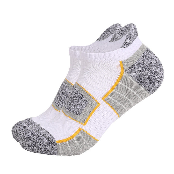 White and gray ankle socks with yellow accents.