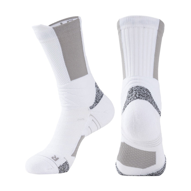 white grey cushioned basketball socks with breathable fabric for intense gameplay.