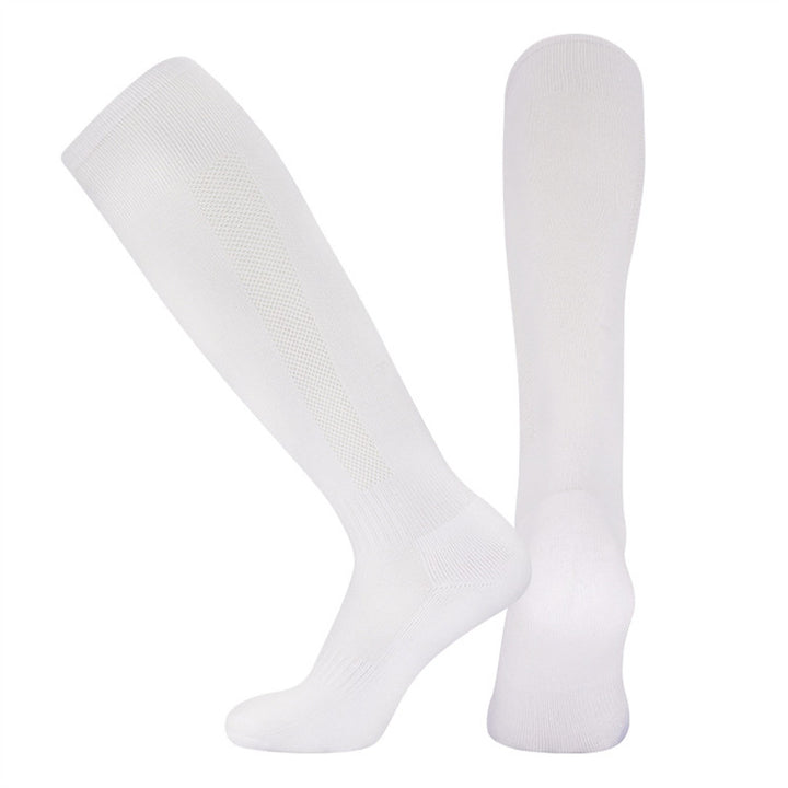 White padded soccer socks with moisture-wicking design and arch support for all-day wear.