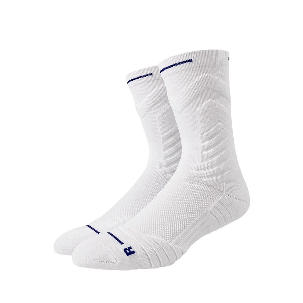 White basketball socks with ribbed cuffs and arch support, ideal for high-performance court play.