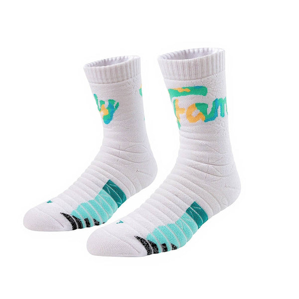 White padded socks with green and orange accents, designed for cushioned comfort and style.