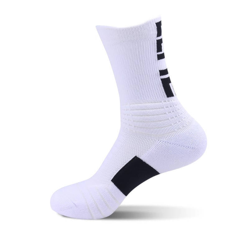 White fitness socks with ribbed compression and arch support for enhanced gym performance.
