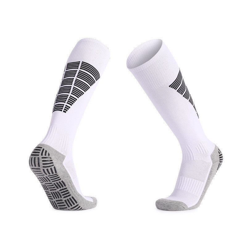 White soccer grip socks with a comfortable, breathable fit.