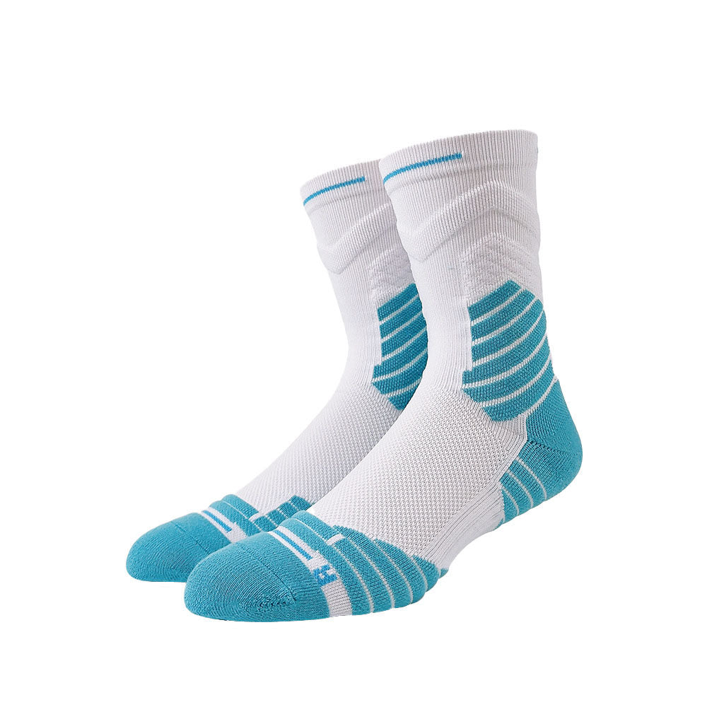 White and teal basketball socks with mesh ventilation and ankle support for all-day court comfort.