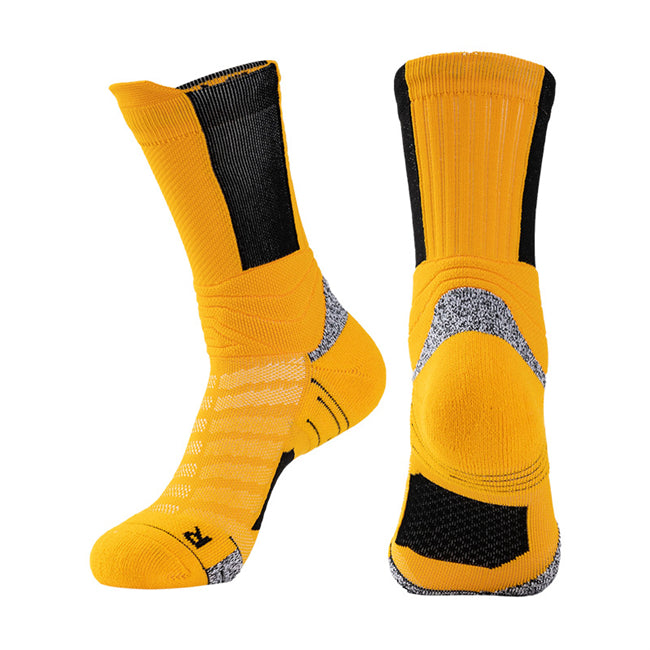 Black and yellow cushioned basketball socks designed for all-day court performance.