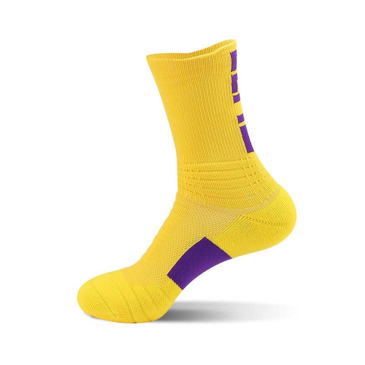 Yellow fitness socks with cushioned soles and reinforced heel, perfect for high-energy workouts.