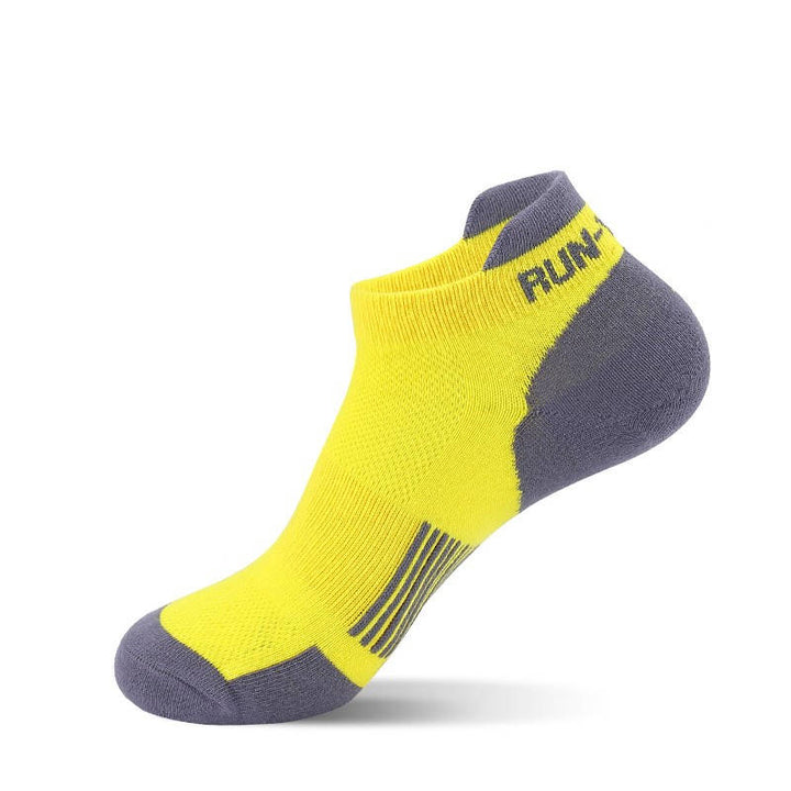 Yellow thin running socks featuring a cushioned sole for added comfort during long runs.